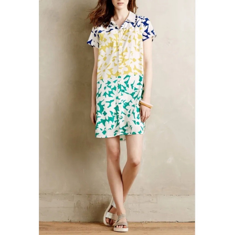 Anthropologie Whit Two Women's Color Blocked Blooms Mini Shirt Dress,Multi, XS‎